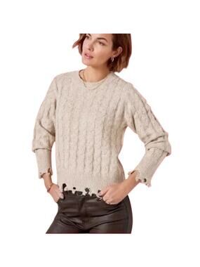 Evereve Dakota Beige Oatmeal Raw Edge Cable Knit Sweater Size Medium